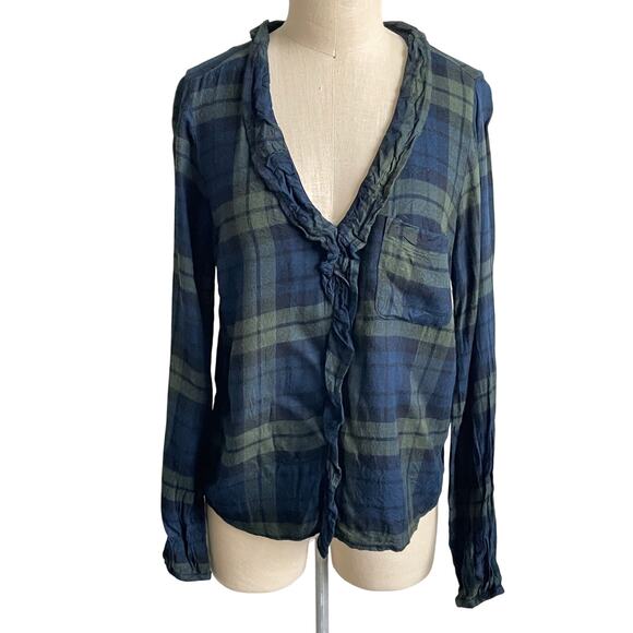 Abercrombie & Fitch Plaid Ruffle Blouse Navy Green V Neck Ruffle Front Medium - Picture 2 of 6